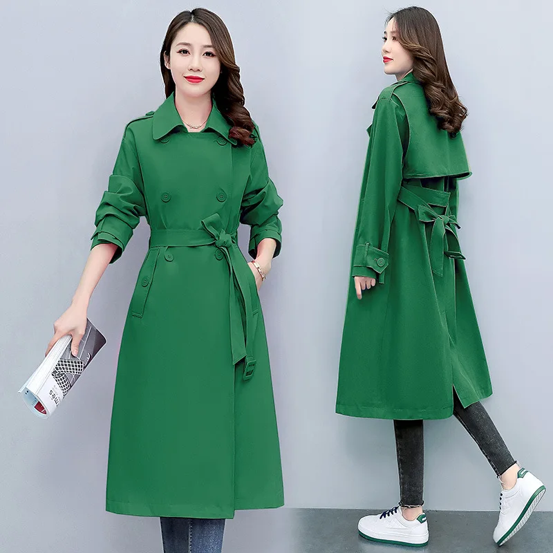 Spring Autumn Women Trench Coat Korean Fashion Elegant Casual Solid Color Long Overcoat Double Breasted Windbreaker With Belt