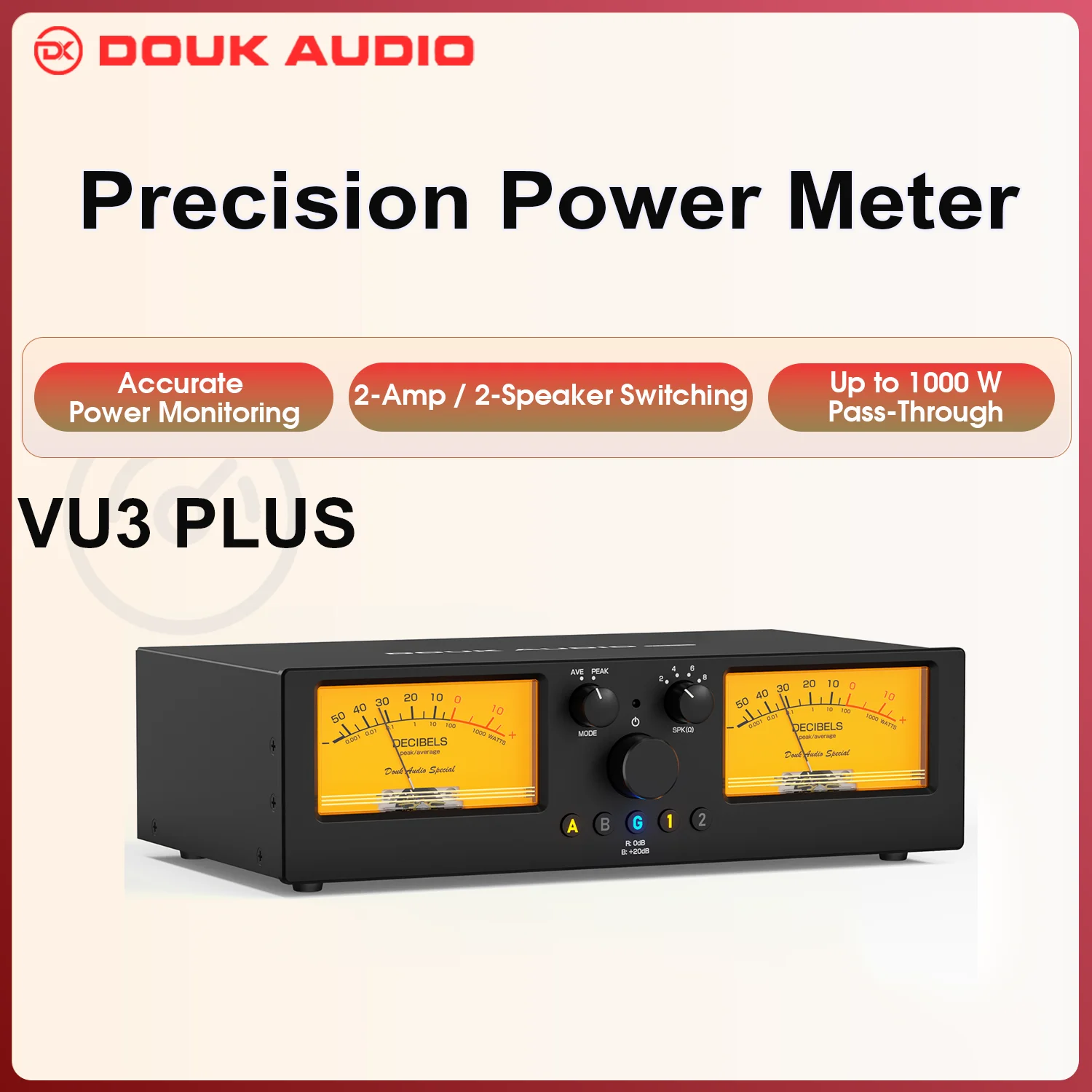 Douk Audio VU3‑PLUS 2‑Way Amplifier Speaker Selector, Accurate Real‑Power Analog VU Meter with Protection Load
