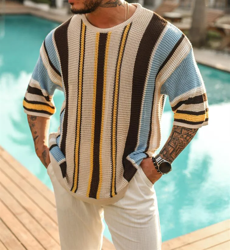 2024 Spring/summer Men Crewneck Fashion Hollowed-out Mid-sleeve Sweater Sweater Europe and America Men's Striped Sweater Summer