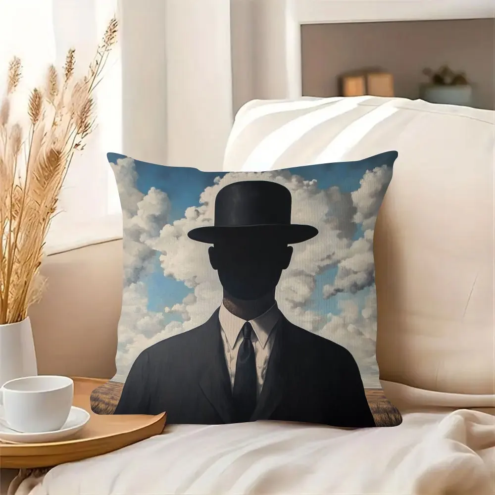 Magritte Inspired  Throw Pillow Cover Surrealist  in Bowler Hat Print Cushion Case for Modern  Home Decor  Couch