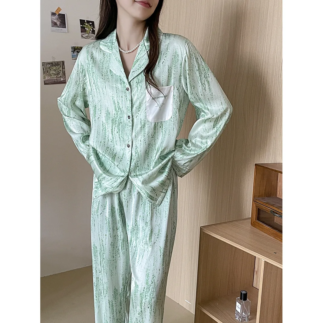 2 pçs feminino homewear verde conjunto de sono pijamas cetim impressão pijamas soltos camisa & calças loungewear primavera verão novas roupas para casa