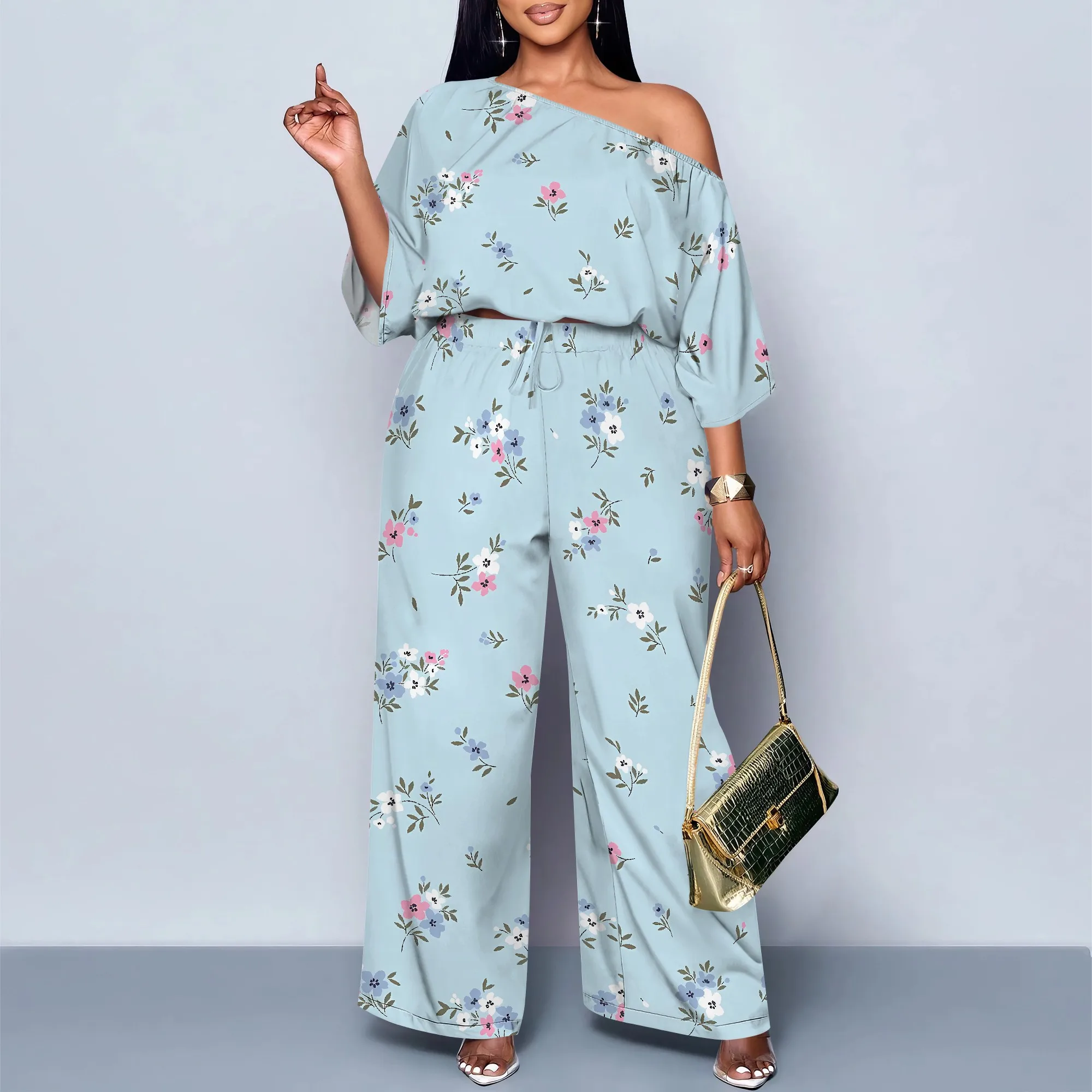 

EQQZD Elegant & Exquisite Flowers Print Two-Piece Set for Women, Modern Stylish Casual Slanted Shoulder & Wide-Leg Pants Set