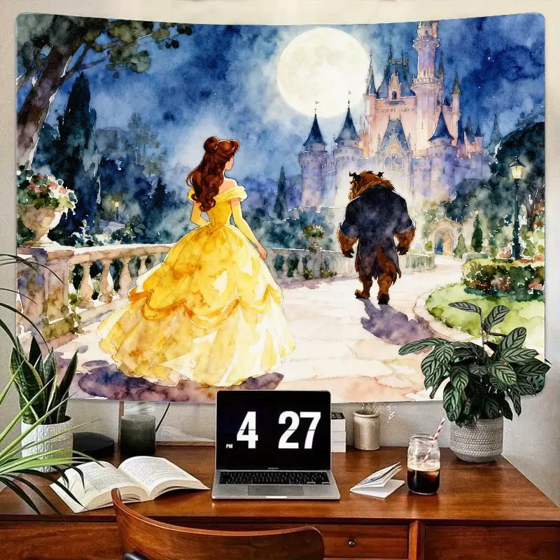 

1 шт., гобелен Belle & Beast в стиле Диснея, романтический акварельный замок, настенное искусство в полнолуние, эстетический декор комнаты в общежитии, подарок