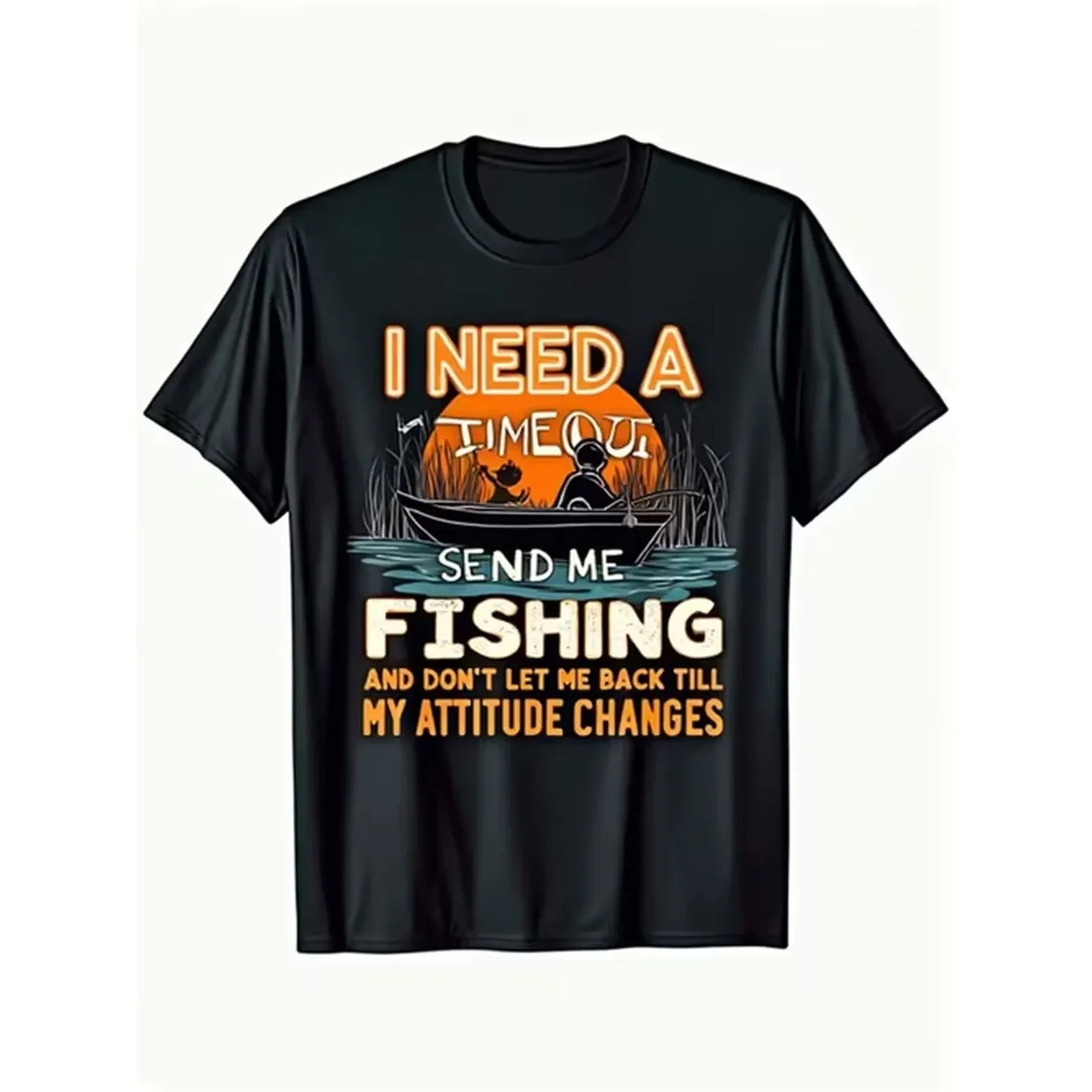 Funny Fishing Quotes T-Shirt - I Need A Rest Fishing Pattern Boat View Printed Black Shirt with Orange Font - Non Stretch Round Neck Casual Top for Boys and Girls, Perfect Gift for Anglers, Machine Washable Daily Summer Clothes, Humorous Clothing,