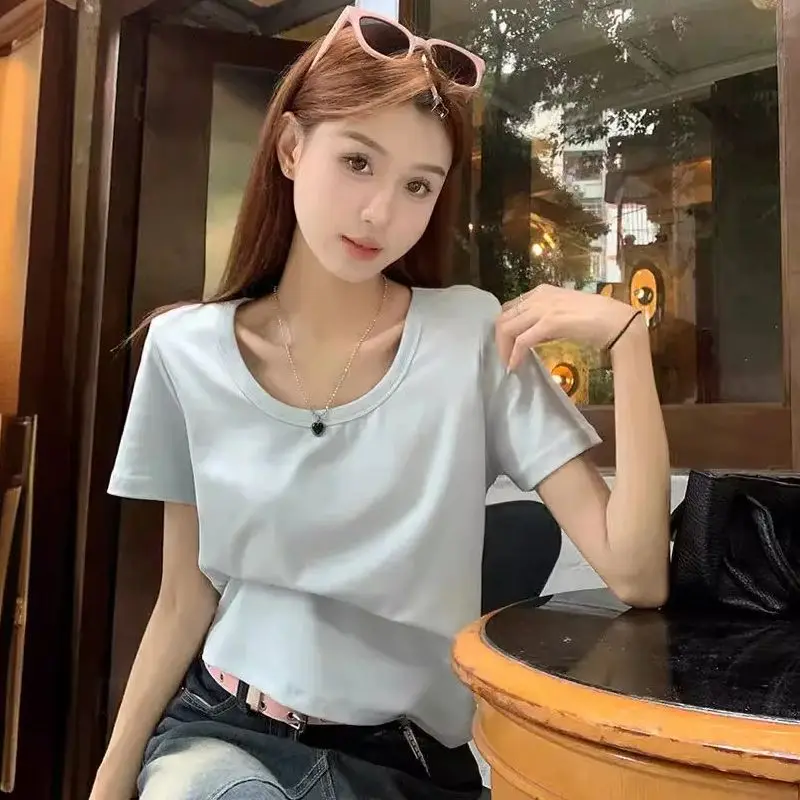 Simple U-neck blue short-sleeved T-shirt for women 2024 summer hot girl slim short style temperament slim right shoulder top