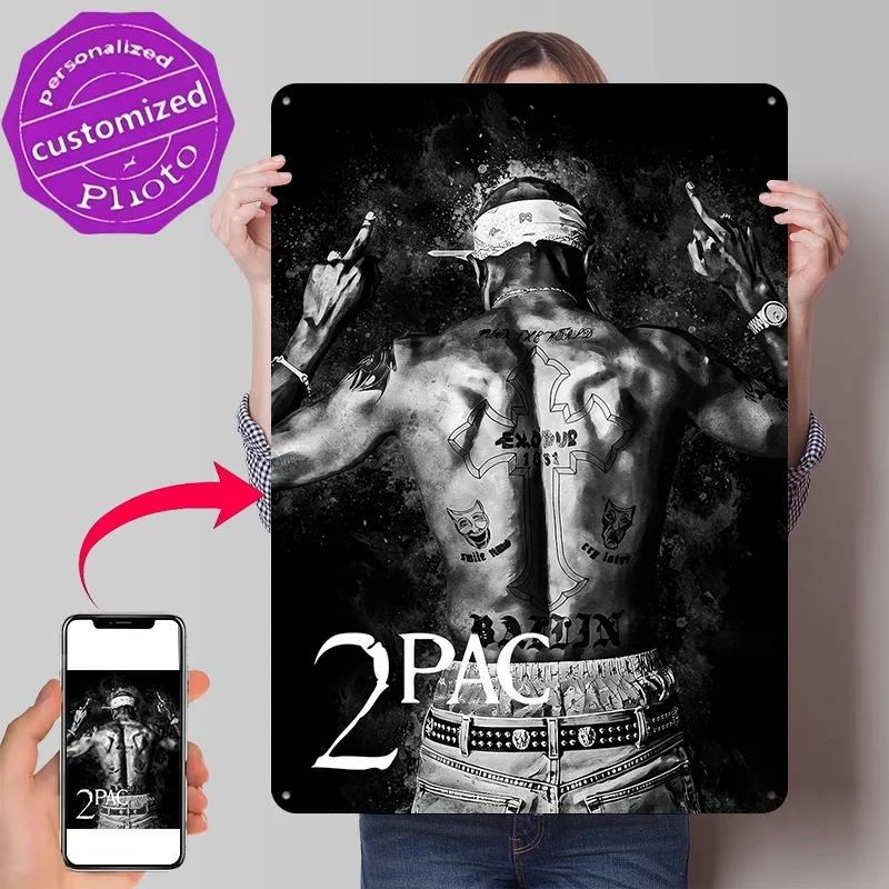 Tupac Shakur '2Pac' Back Tattoo Personalized 3D Textured Metal Poster Wall Art Vintage Tin Signs for Room Decor Wand Deko Home