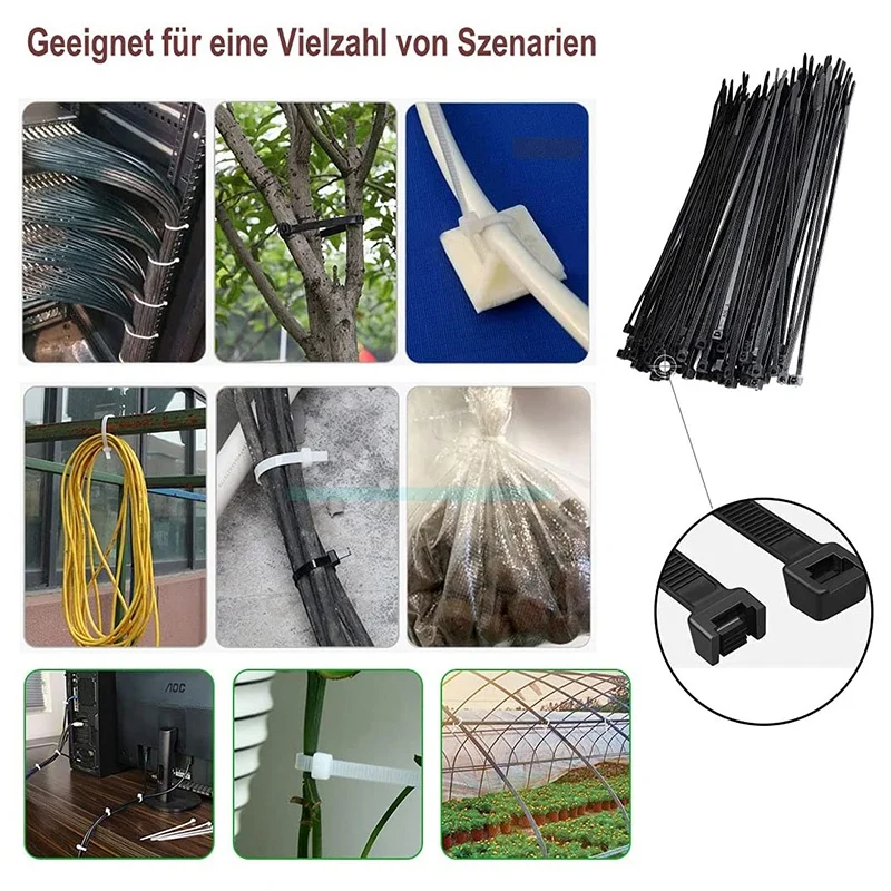 أربطة كابل بورك، عبوة سوداء مكونة من 300 مم × 7.6 مم مقاومة للأشعة فوق البنفسجية مع قوة الشد 75 كجم، مقاومة للحرارة، متينة