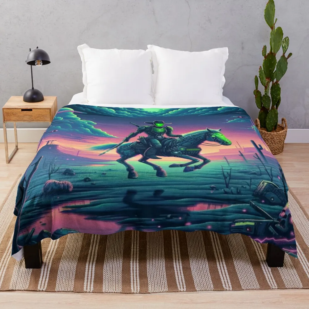 

Neon Sci-Fi Cowboy on Robotic Horse Throw Blanket Flannel Fabric blankets and throws Baby Blankets