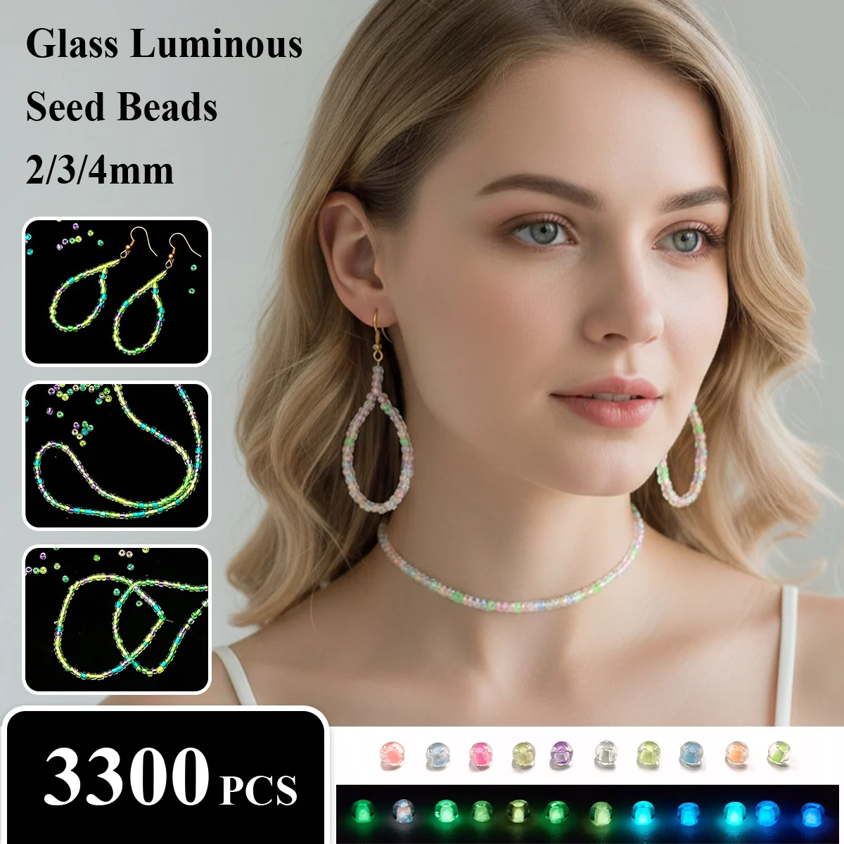 

3300pcs 2/3/4mm Glass Luminous Seed Beads (Glow-in-the-dark Seed Beads) - DIY Jewelry(Necklace/Bracelet) Making for Girls/Women
