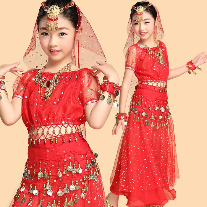 Nuevo Traje de danza del vientre para danza india, falda, traje de danza india para niños, falda de lentejuelas