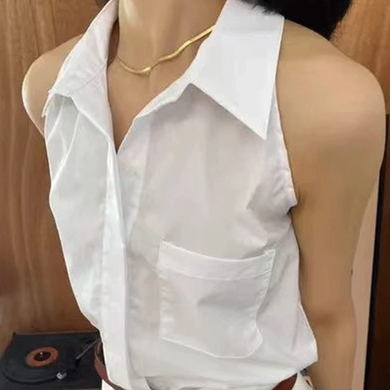 2024 New Summer Italy Elegant Fashion Loose Casual Office Lady Women\'s Shirt Solid Button Pockets Lapels Sleeveless Chic Tops