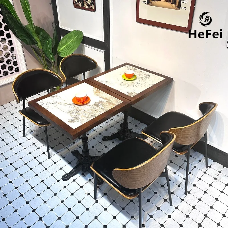 Retro Leather Coffee Shop and Restaurant Dining Table and Chair Set Commercial Hotel Furniture