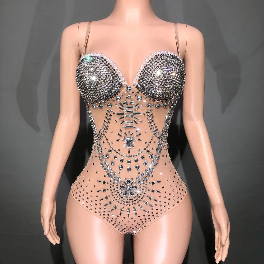 Body con strass scintillanti per le donne Sexy Mesh See Through Singer Dancer Stage Performance Costume lussuoso Photo Shoot Dress