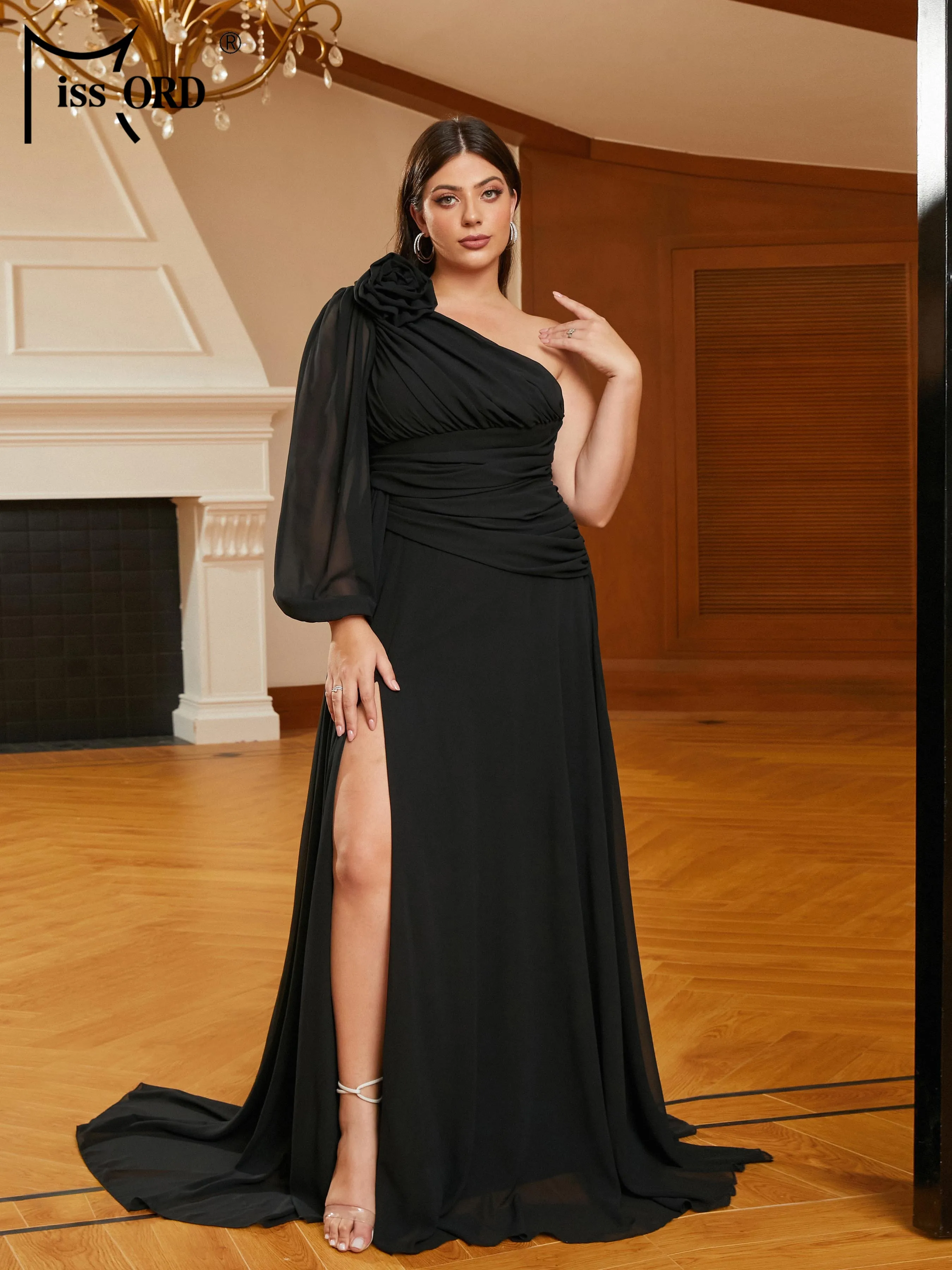 Falsche neue Plus Size schwarz Blumen geraffte eine Schulter A-Linie Abend Ballkleid