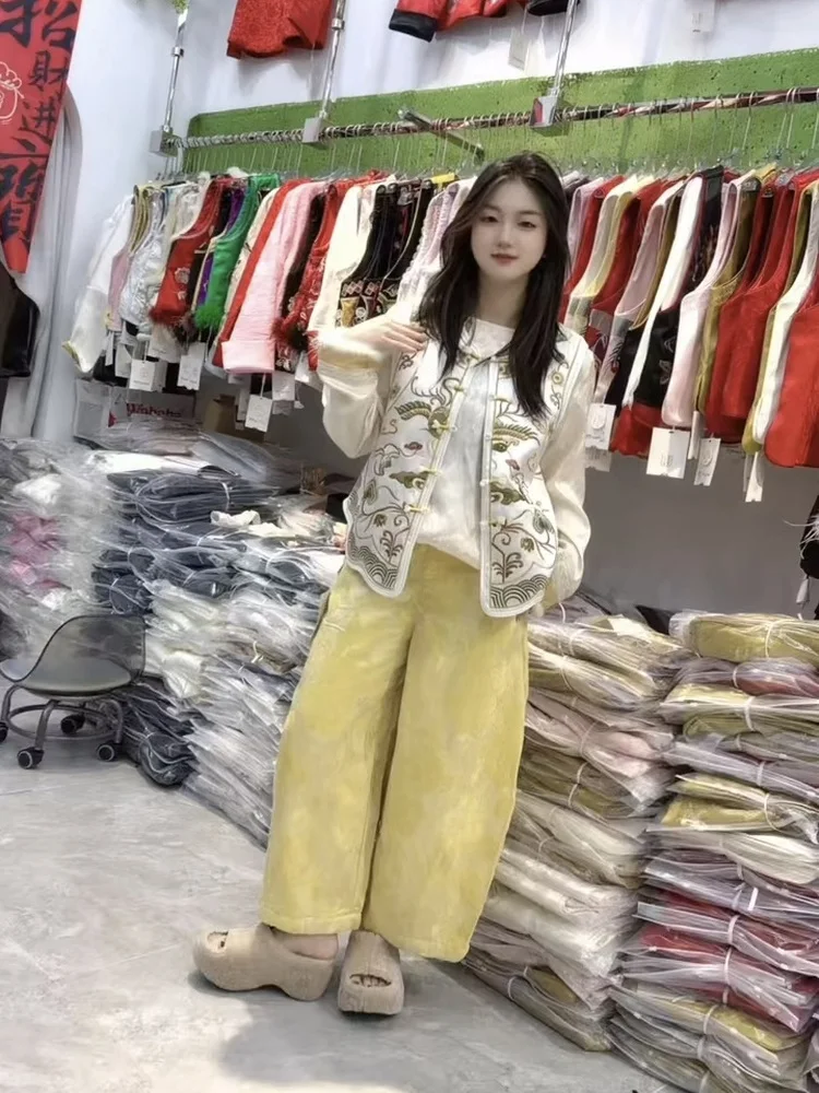 

New Winter Chinese Sle Embroidered Heavy Work Retro Zen Svel round Ne Buttoned Vest Ele oulder Pad Women's Ja...