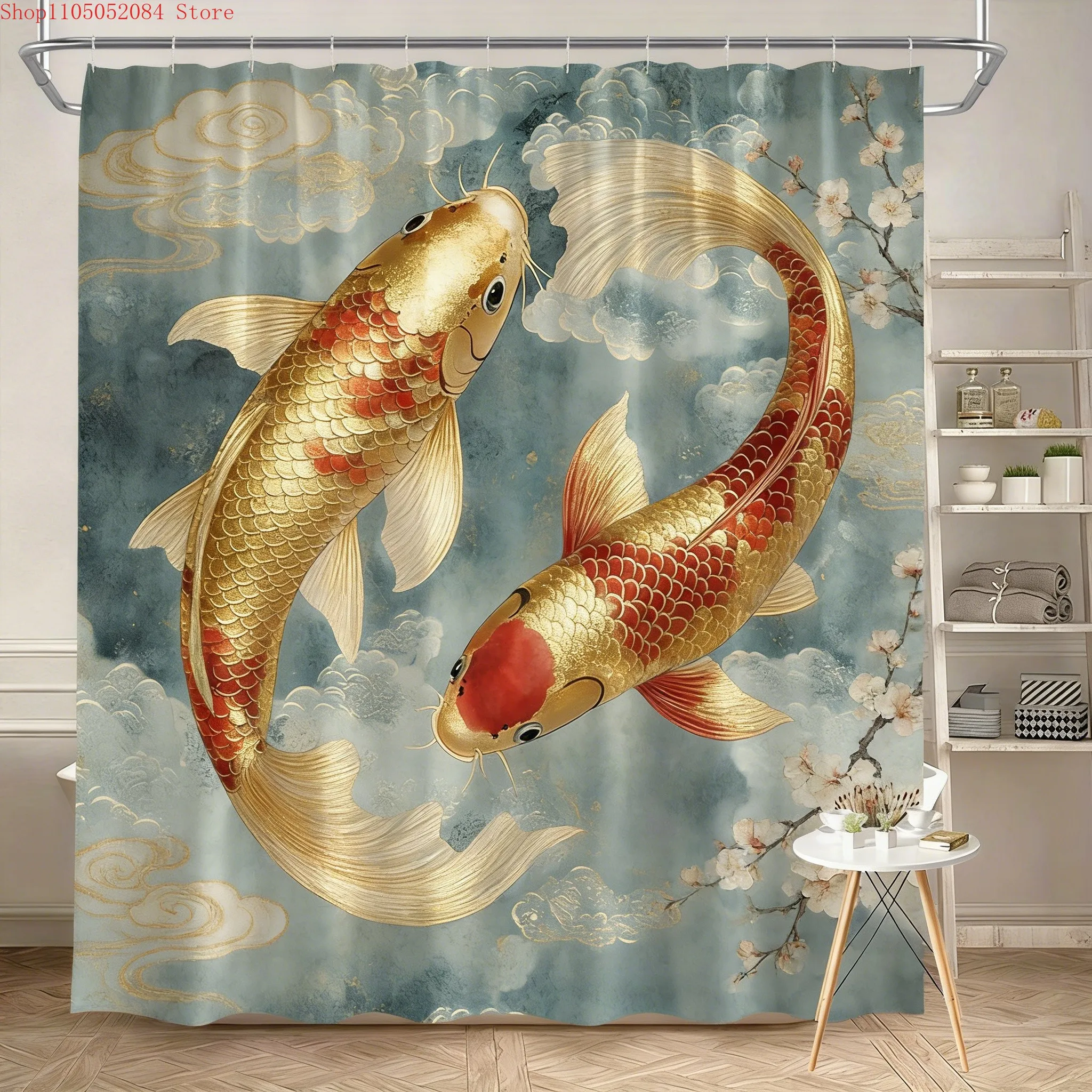 Luxury Golden Koi Fish with Cherry Blossoms Waterproof Shower Curtain for Feng Shui Bathroom Decor ✨