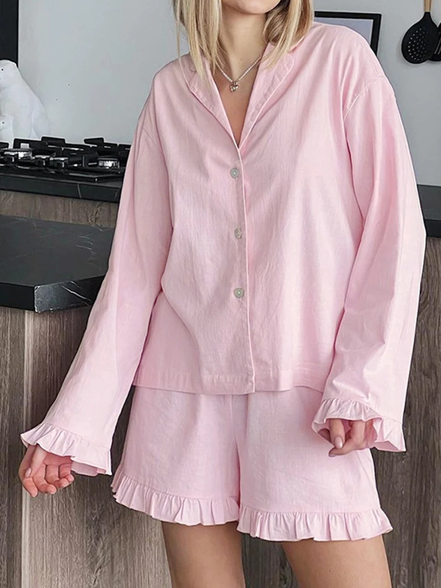 Women Summer Loungewear Set Solid Color Long Sleeve Lapel Button Tops with Ruffled Elastic Shorts 2 Pieces Pajama Sets Sleepwear