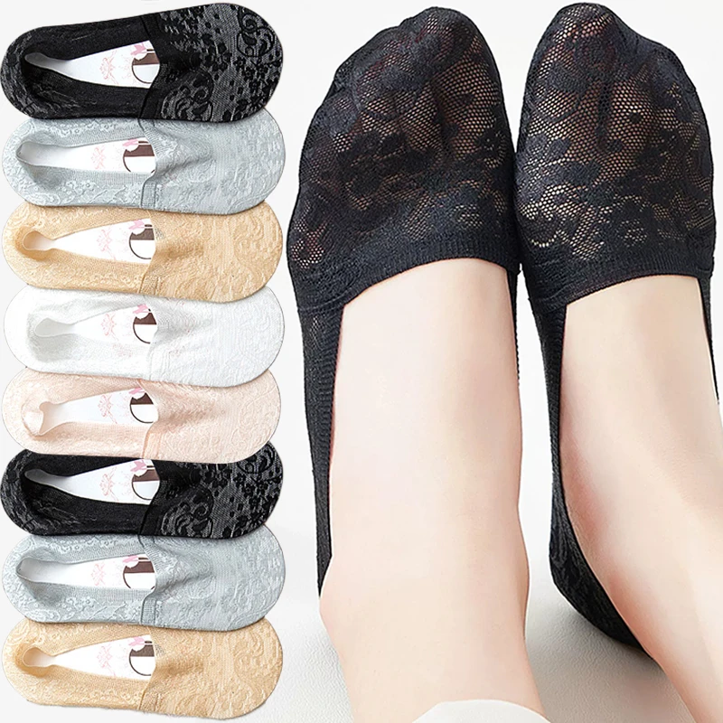 1/5pairs Women Sexy Lace Floral Anklet Socks Breathable Female Summer Invisible Anti Slip Sock Lady Home Floor Slipper Boat Sox