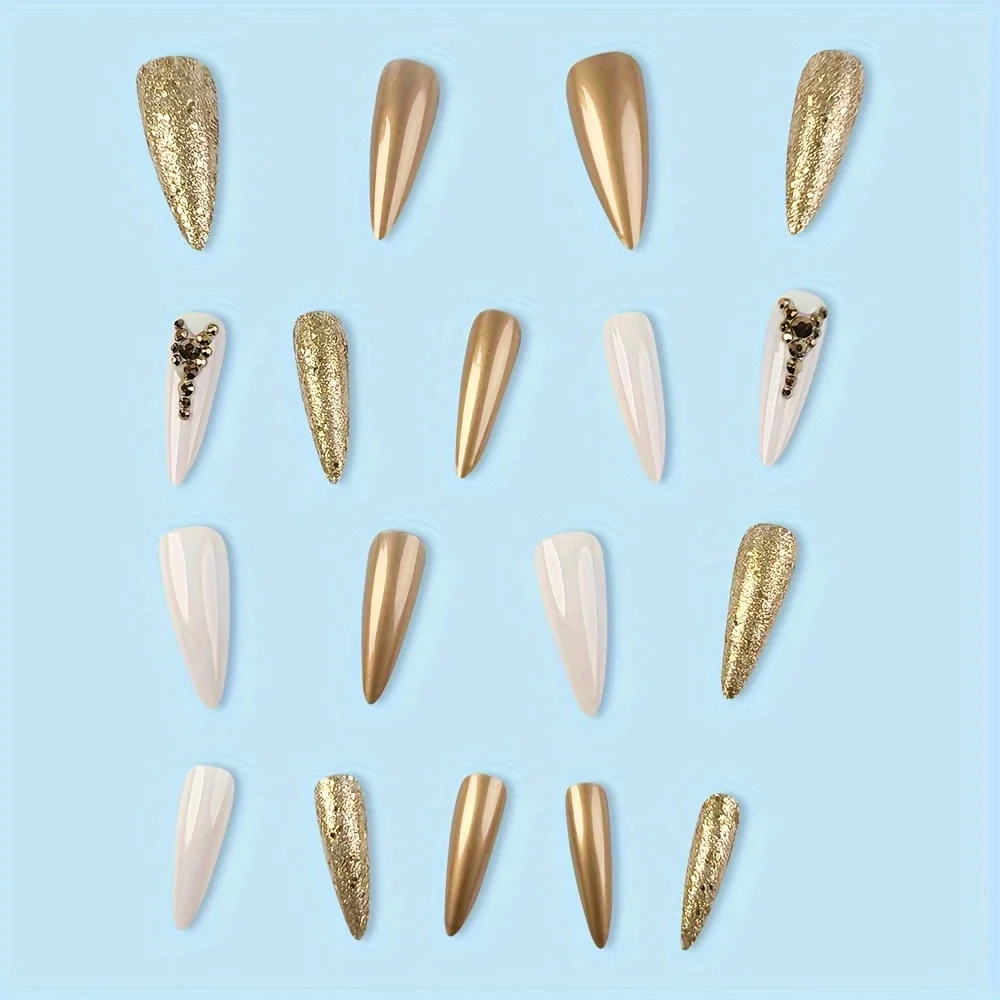 24 pieces of golden long almond diamond powder fake nails+1 piece of jelly glue+1 file