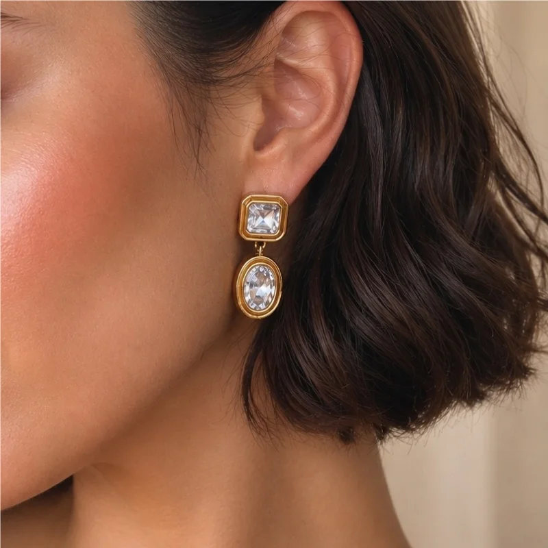 Women Retro Double Crystal Drop Earrings Gold Tone Square-Top & Oval-Bottom Clear Stones Trendy Formal Accessories