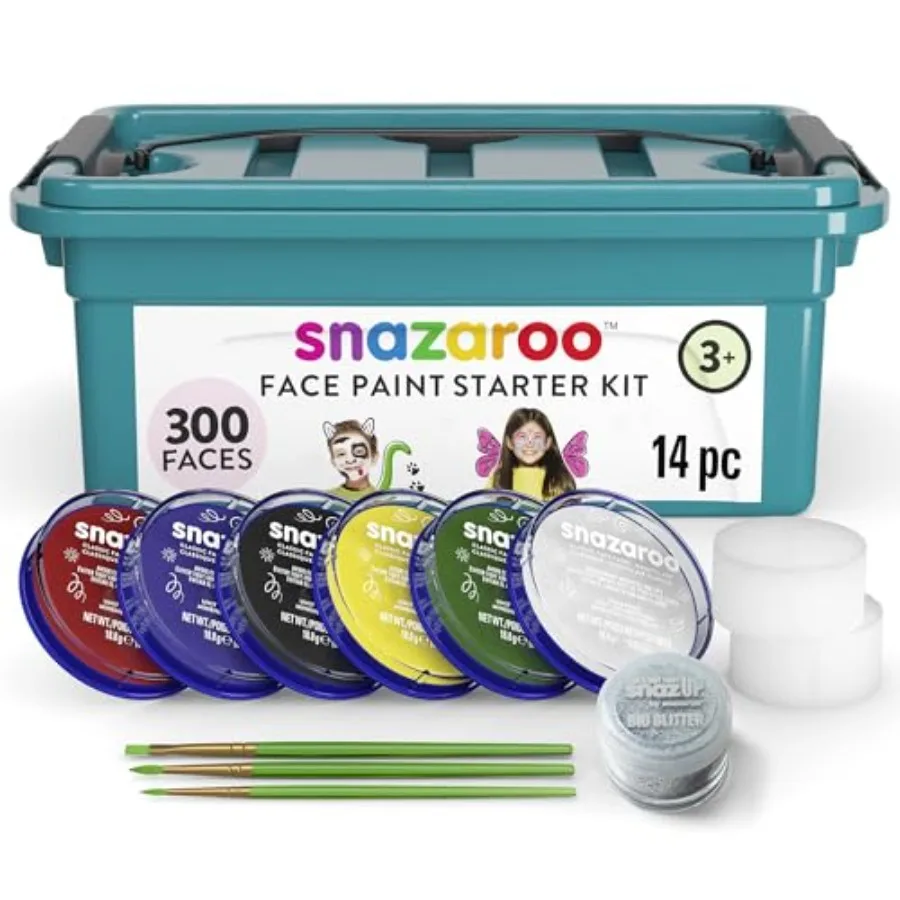 

Face Paint, 14 Pcs Set, 6-Color Palette with Brush, Sponge, Bio-Glitter and Guide - Non-Toxic, Water-Based, Easy Application fo