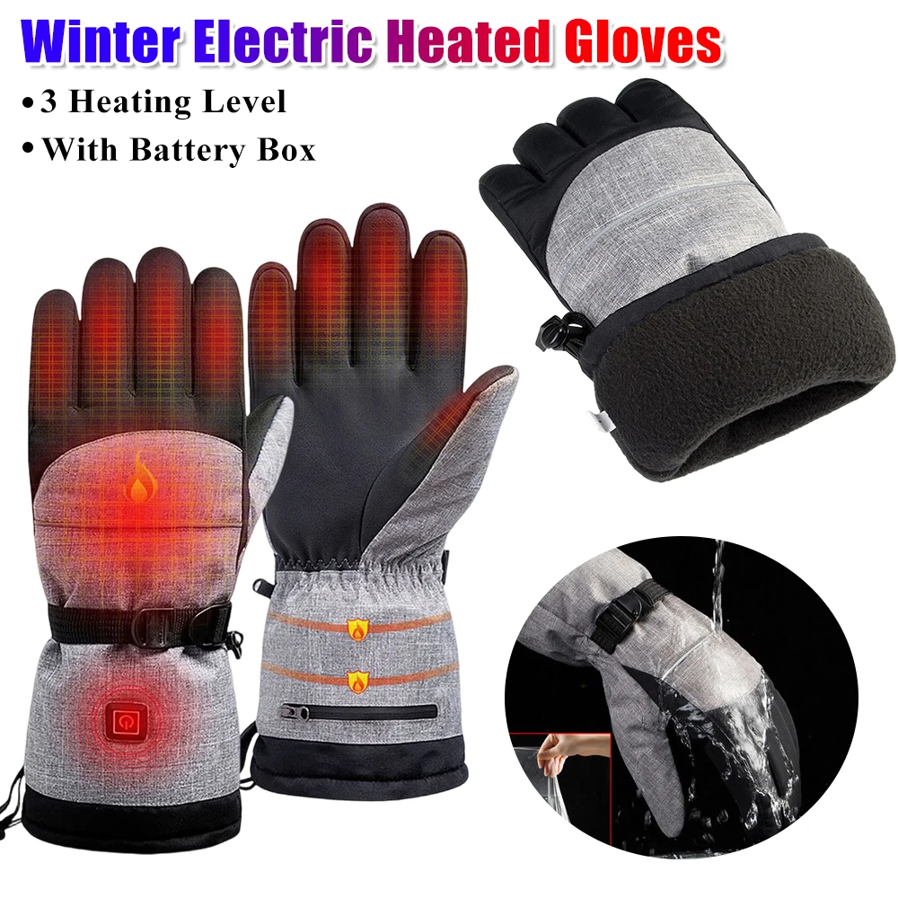 

Winter Electric Heated Gloves With Battery Box Waterproof Windproof 3 Heating Level Warm Thermal Ski Gloves Outdoor Hand Warmer