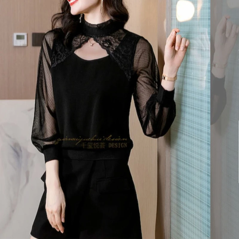 Sexy Lace Hollow Mesh Sheer Black Elegant Chic Basic Ladies Tops Spring Autumn 2023 Women\'s Casual Long Sleeve T-shirts Clothing