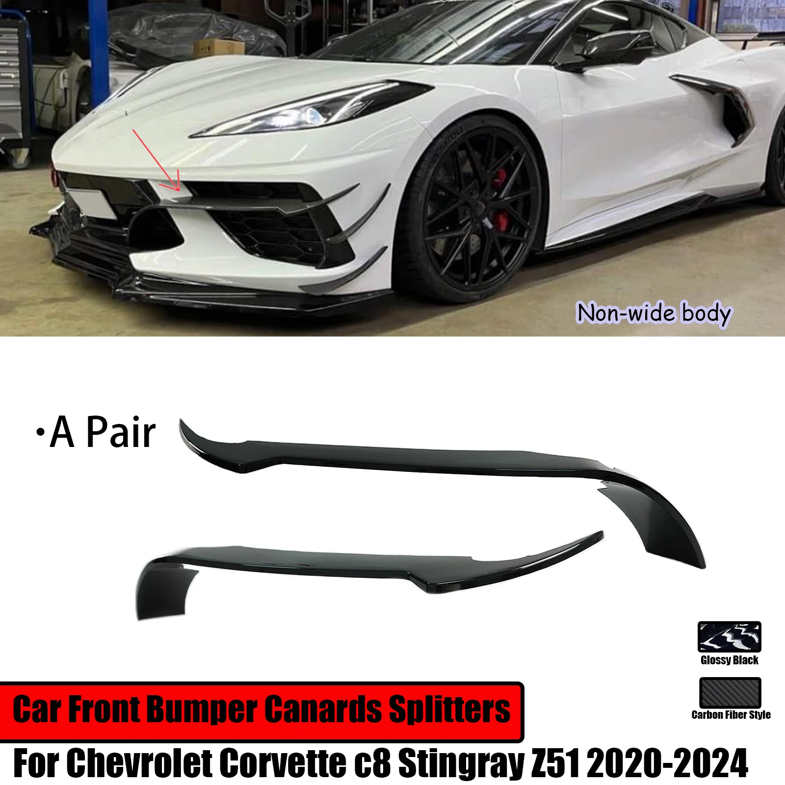 A Pair Car Front Bumper Canards Splitters For Chevrolet Corvette c8 Stingray Z51 2020-2024 Spoiler Diffuser Carbon Fiber Style