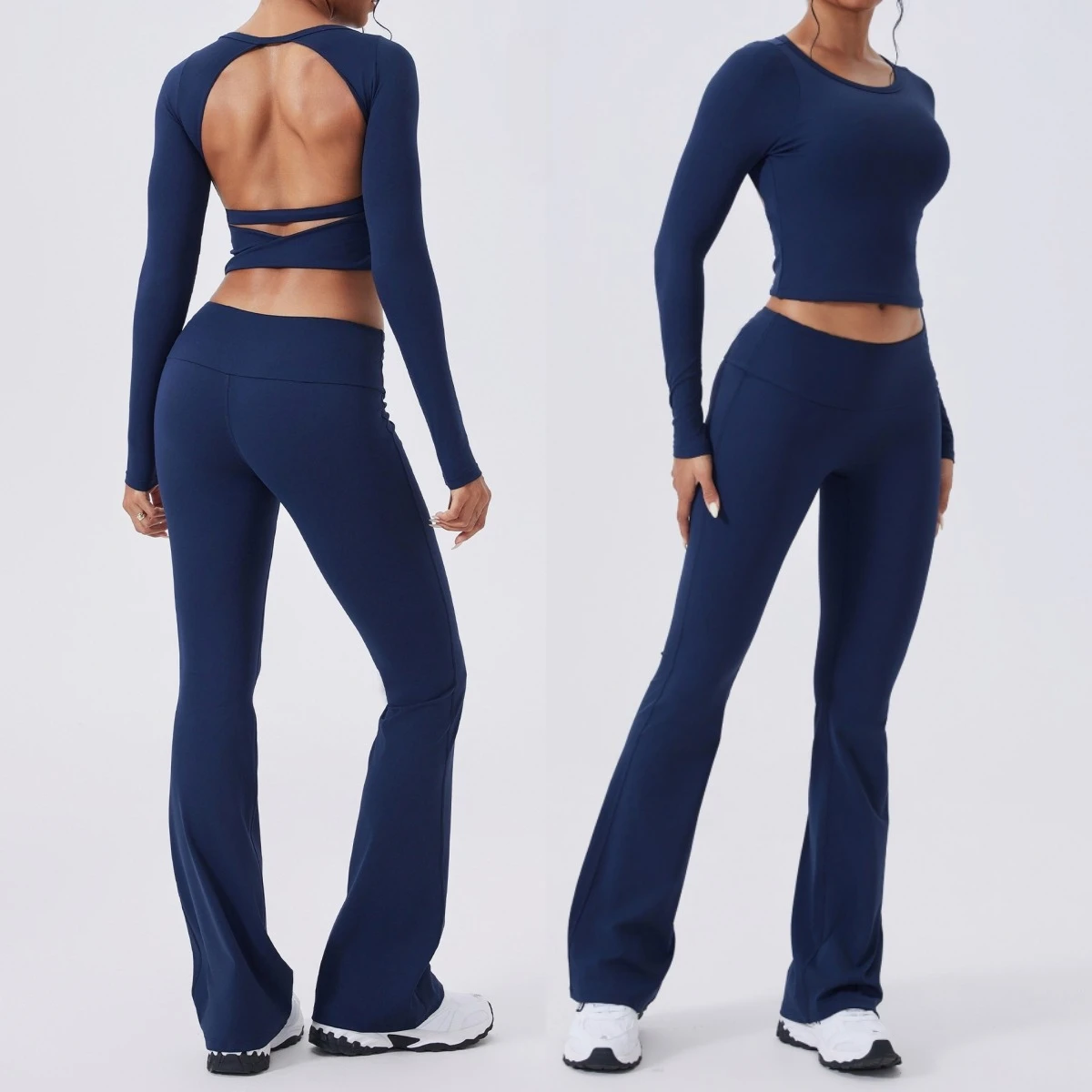 Women 2 Piece Yoga Set Long Sleeve Round Neck Cutout Back Crop Top High Waist Flared Leggings Gym Pilates Workout Activewear Set