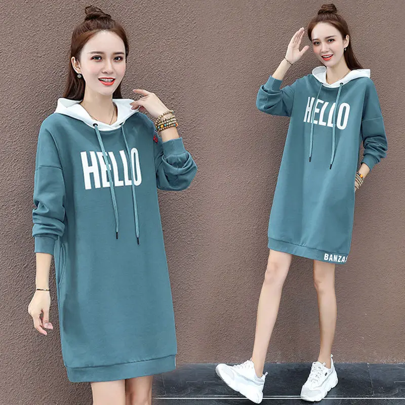 Fashion Printed Letter Spliced All-match Lace Up Hooded Mini Dress Female Clothing 2024 Spring New Loose Korean Casual Dresses