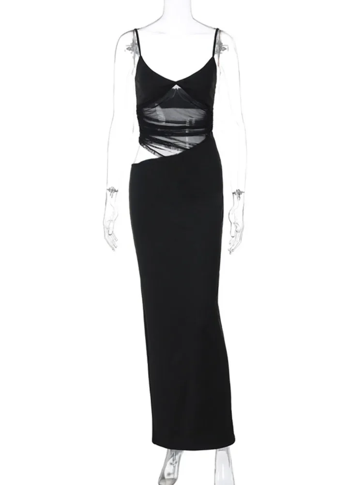 ใหม่ SHEER ตาข่าย Backless เซ็กซี่ Maxi ชุดผู้หญิงสีดํา Hollow OUT สปาเก็ตตี้สายคล้องคอ Bodycon Club ชุดยาว