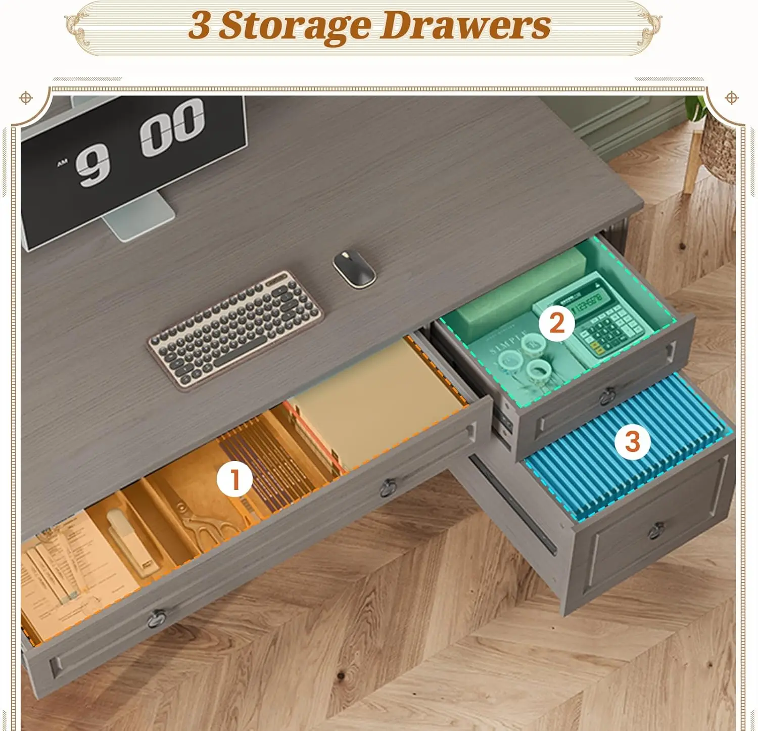 مكتب تنفيذي للمزرعة، مكتب مكتب مقاس 47.3 بوصة مزود بخزانة و3 أدراج، مكتب منزلي خشبي مع درج ملفات، وخزانة تخزين و