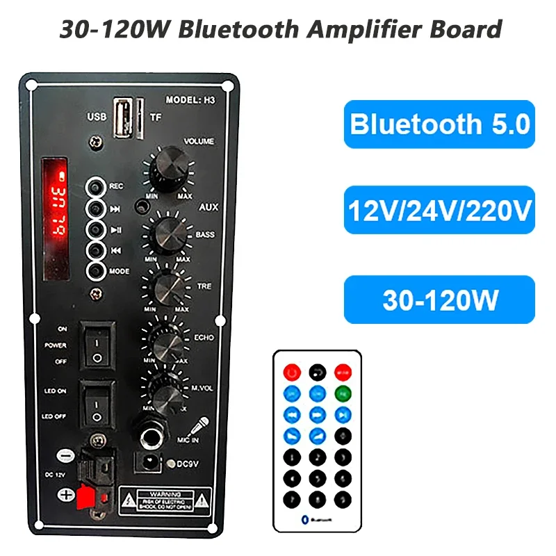 30-120W Bluetooth Amplifier Board 12V/24V/220V Digital Amplificador AUX USB TF Card Player with Mic Input Audio Power Boards 