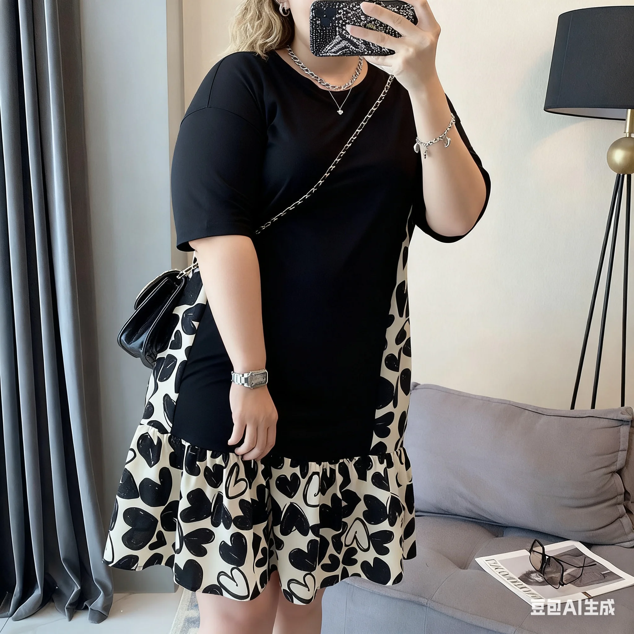 【Vestido de gran tamaño】 (40-150 kg) Mini vestido de manga corta de talla grande, vestido suelto de moda coreana con empalme floral