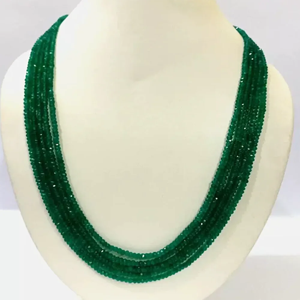 A++ Green Onyx Faceted Rondelle Bead Gemstone 5Strand Necklace For Woman & Girls