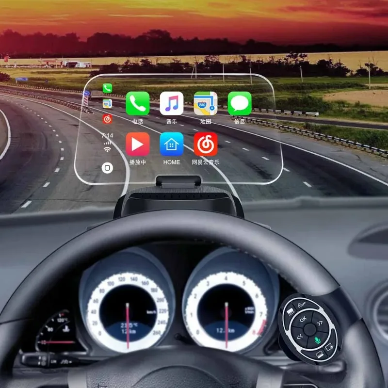 Carro hud com carplay/google auto, projeção de velocidade em tempo real obd, display digital hd do painel, monitor head up montado em veículo