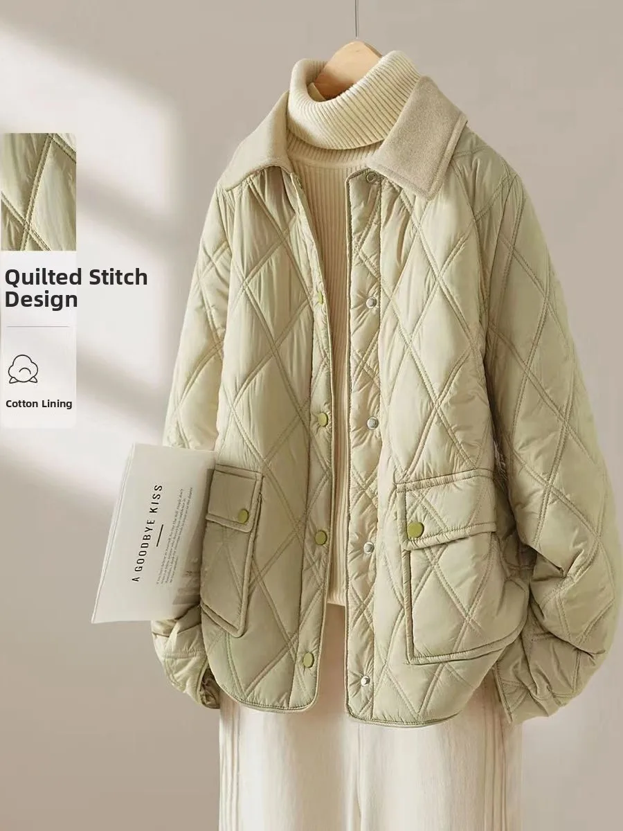 Loose Fit Thiened Cotton Jaet Dames Winter Faionable Warm Gewatteerde Jas Turn-down Kraag Diamantpatroon Bovenkleding