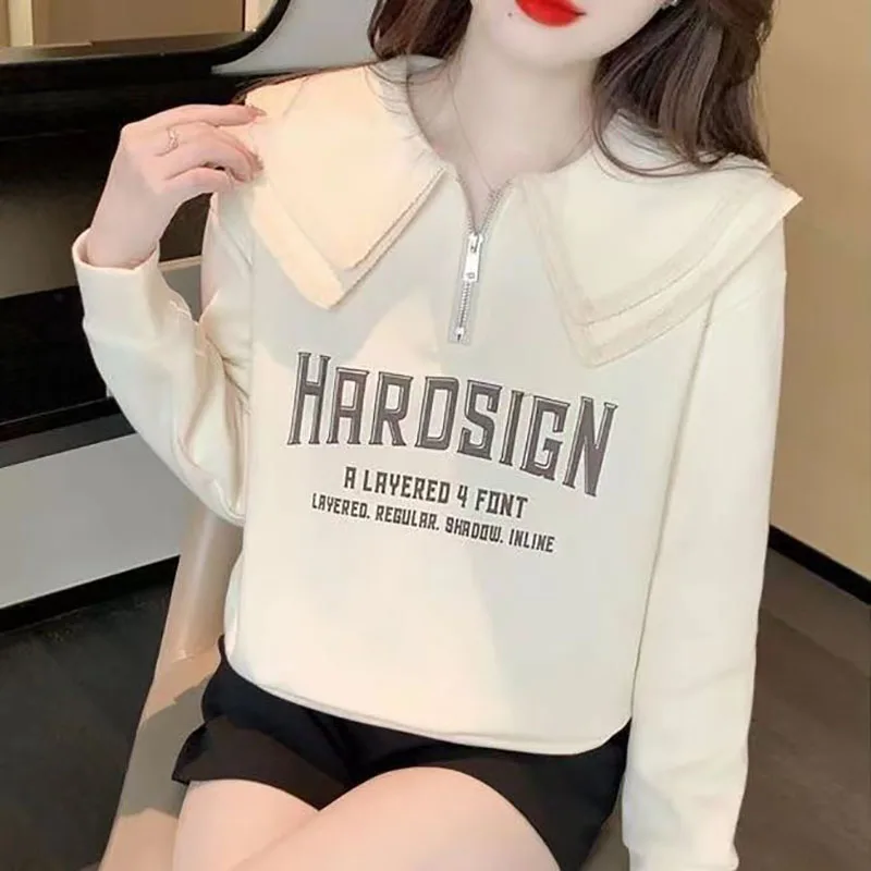 Sweet Peter Pan Collar Zipper Letter Sweatshirts Female Clothing 2023 Autumn New Oversized Casual Pullovers All-match Sweatshirt