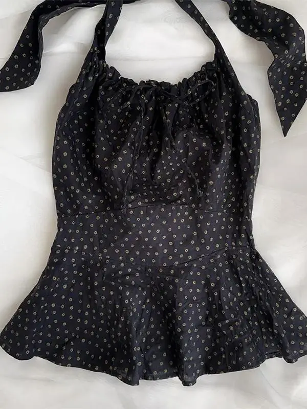 سترة نسائية سوداء مطبوعة بالزهور بتصميم عتيق بقصة ضيقة بدون حمالات من مزيج القطن نمط التنقل لموسم الربيع