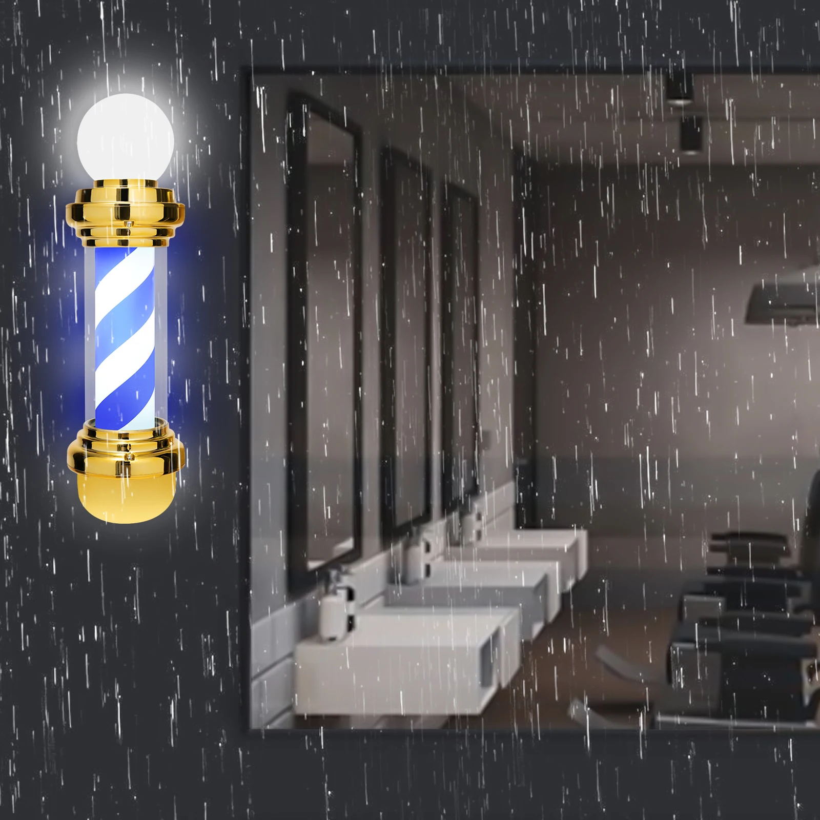 عمود حلاقة بلاستيكي مثبت على الحائط، ذهبي وأبيض وأزرق، صالون شعر دوار مفتوح مقاوم للماء لصالونات التجميل وصالونات التجميل