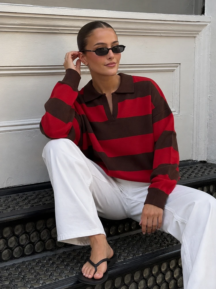 HH Women Fashion Color Blocked Knit Sweater Long Sleeve Lapel Striped Elastic Pullover 2026 Spring Autumn Female Commute Outfit