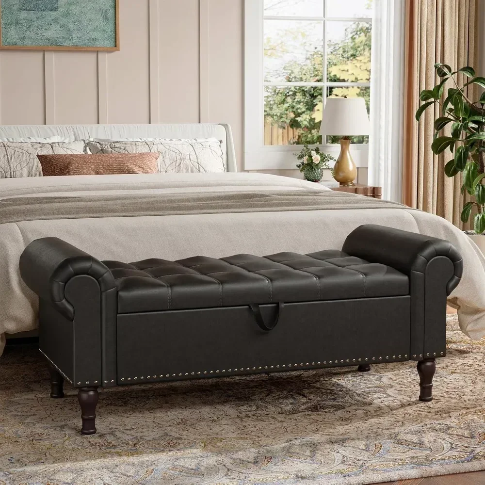 

storage ottoman bench for bedroom, 51" upholstered bedroom bench with rolled arms and vintage rivets, large storage chest for li