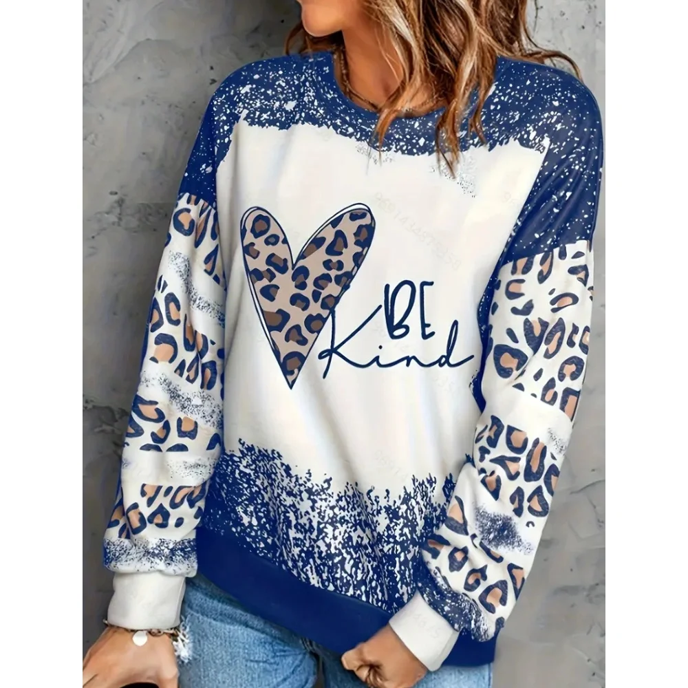 Women\'s Round Neck Leopard Printed Hoodie Autumn And Winter Fashion Letter Long Sleeved Casual Plus Size Pullover Clothing 2024