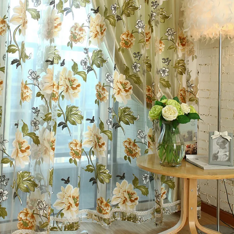 Elegant Floral Sheer Curtain Tulle Voile Curtain Window Panel Drape Scarf  Valances Home Living Room Decorative Curtain 95x200cm