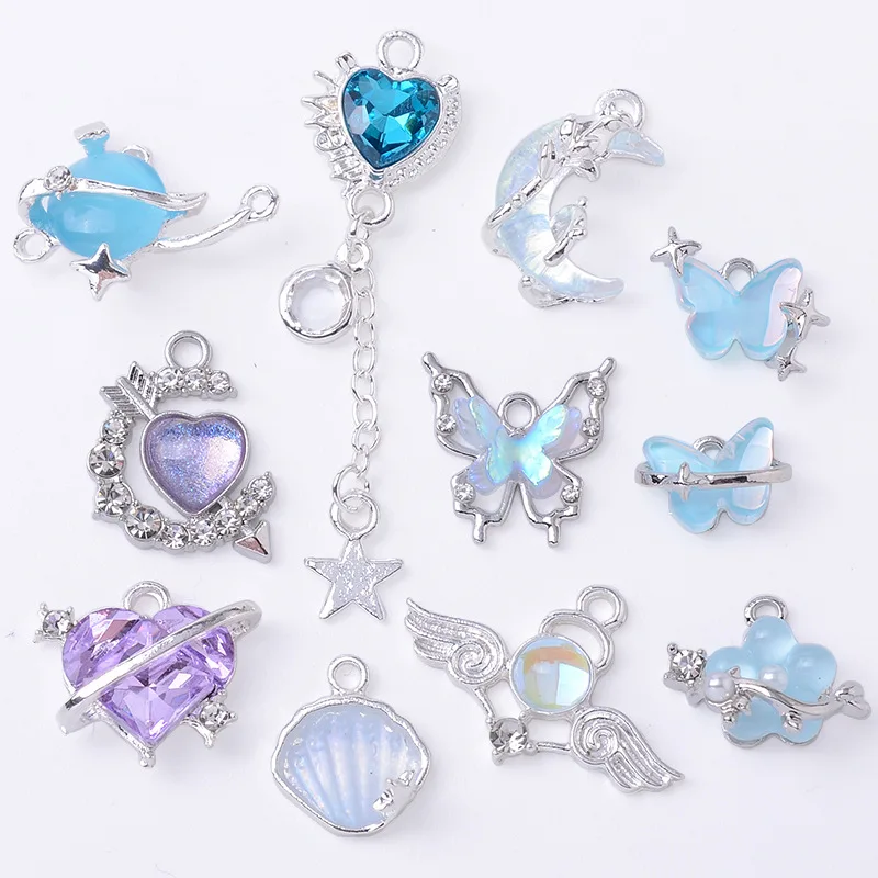 10pcs 11style Baroque style jewelry accessories, lake blue love butterfly pendant bracelet necklace DIY alloy accessories