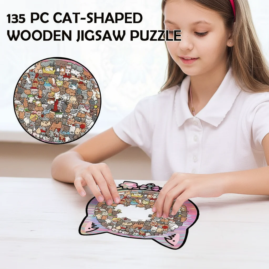 ตัวต่อจิ๊กซอว์ไม้รูปแมวสีโมรันดี 135 ชิ้น ของขวัญวันเกิด ของเล่นไม้เสริมพัฒนาการ