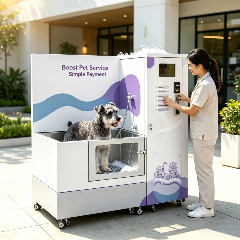 Pet Bathing Washer Dryer Box, Side-Mount Grooming Arm Rest, Energy-Efficient Heat Pump for Shop Installation Site