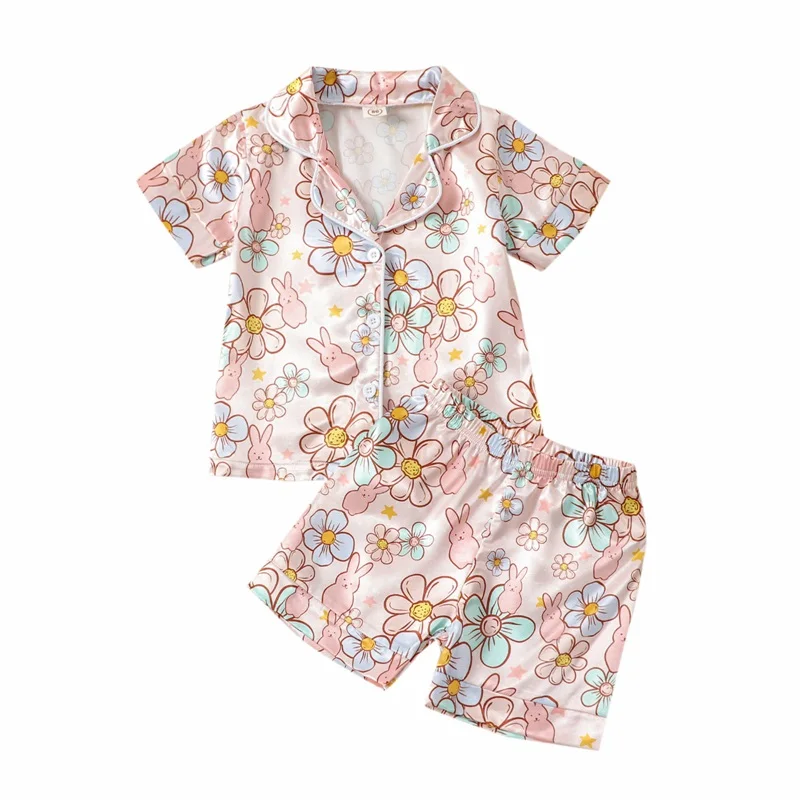 

2Pcs Girls Easter Pajamas Set Short Sleeve Floral Print Button Shirts and Shorts Set Sleepwear