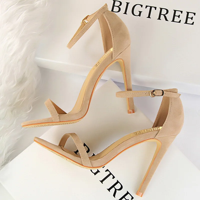 Summer Women Sexy Stiletto Heels Suede Sandals Classic Ladies Fetish 11cm High Heels Flock Shoes Female Party Prom Pumps Bigtree