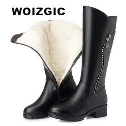 WOIZGIC-Botas de salto médio de couro genuíno para mulheres, botas de neve, lã, pelúcia, quente, inverno, zíper, plus size, 42, 43